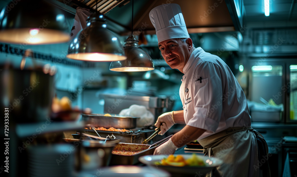 Chef cooking works in the kitchen of a restaurant, fresh food dishes concept. Chef cooking works in the kitchen of a restaurant, fresh food dishes concept.