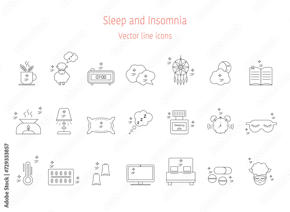 A collection of icons on the theme of sleep and insomnia. Outline and silhouette. A collection of icons on the theme of sleep and insomnia. Outline and silhouette.