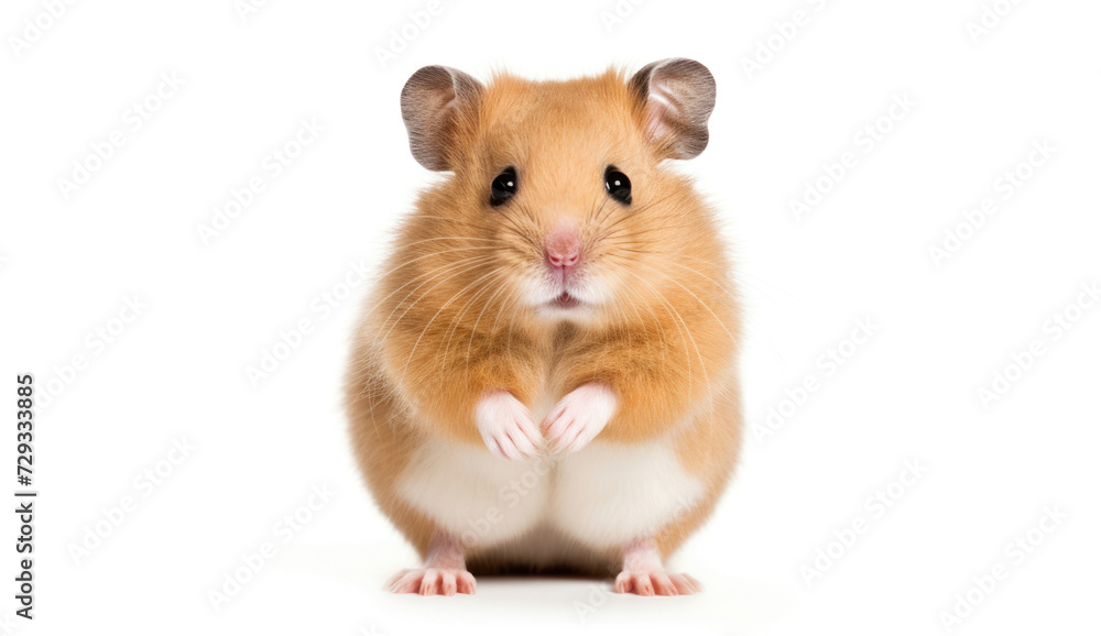 Adorable golden-brown hamster standing on hind legs with big black eyes and fluffy fur, isolated on a white background, epitome of cute pet. Adorable golden-brown hamster standing on hind legs with big black eyes and fluffy fur, isolated on a white background, epitome of cute pet.