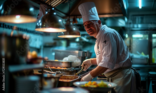 Chef cooking works in the kitchen of a restaurant  fresh food dishes concept.