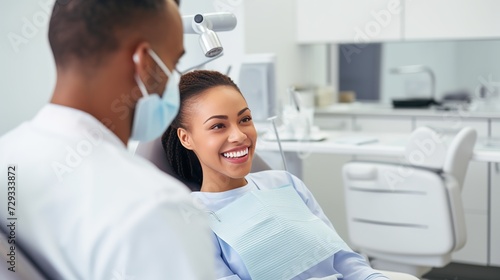 Smiling dentist communicating with African American woman while checking her teeth during dental procedure at dentist s office