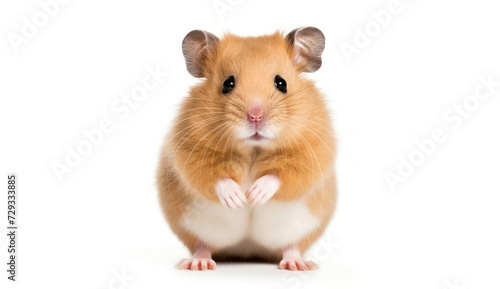 Adorable golden-brown hamster standing on hind legs with big black eyes and fluffy fur, isolated on a white background, epitome of cute pet.