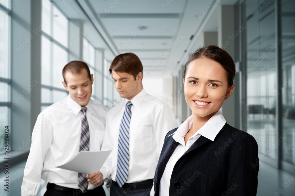 Group team of happy successful employees in workspace Group team of happy successful employees in workspace