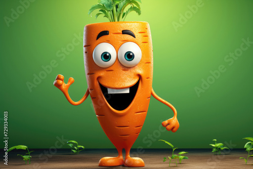 Animated carrot character with a big smile and green top, standing in front of a vibrant green background with small plants.