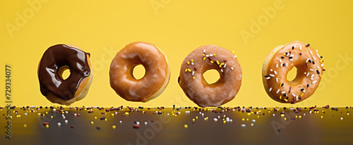 Four assorted donuts with different toppings hover over a yellow surface sprinkled with colorful candy pieces. photo