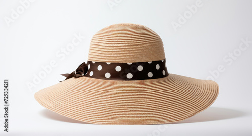 Beige summer hat with a polka dot ribbon on a white background.