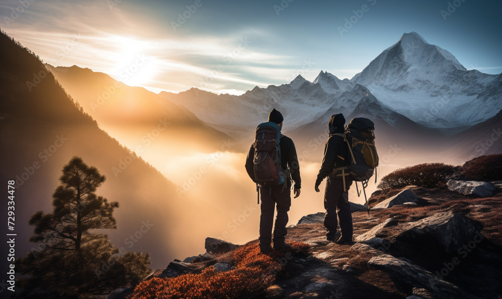 Couple hiker traveling, walking in Himalayas under sunset light. Man and Woman traveler enjoys with backpack hiking in mountains. Travel, adventure, relax, recharge concept.