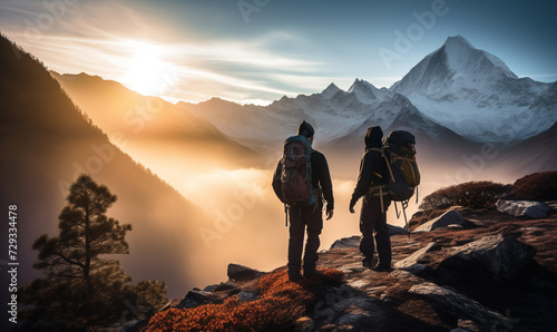 Couple hiker traveling, walking in Himalayas under sunset light. Man and Woman traveler enjoys with backpack hiking in mountains. Travel, adventure, relax, recharge concept.