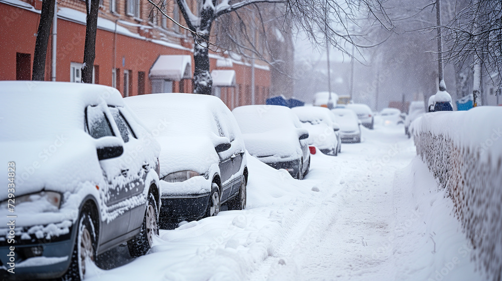 Snow-Covered Cars Lined Up During Snowfall
