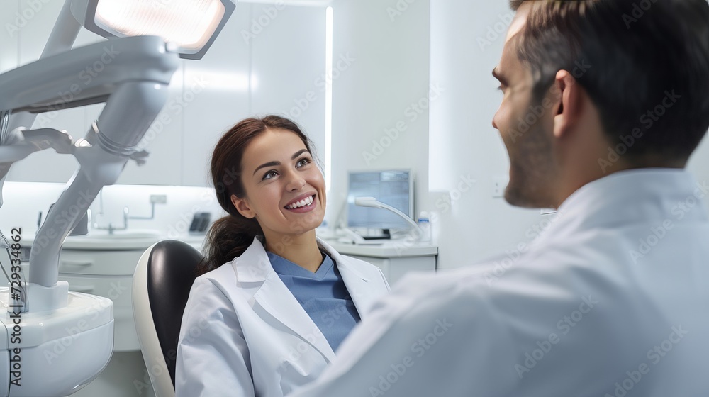 Young dentist showing x-ray to patient in examination room Young dentist showing x-ray to patient in examination room