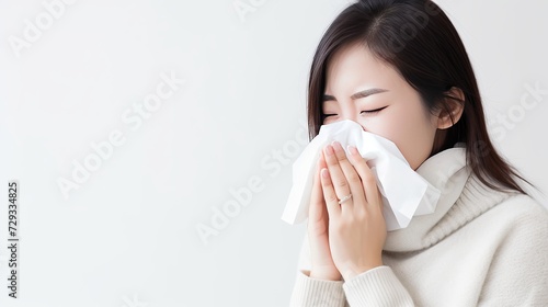 Young beautiful asian woman got sick and flu on white background