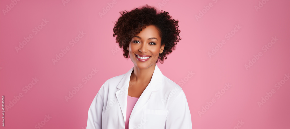 healthcare concept copy space banner. smiling african american female doctor or scientist in white coat over pink background. gynecologist, general practitioner healthcare concept copy space banner. smiling african american female doctor or scientist in white coat over pink background. gynecologist, general practitioner