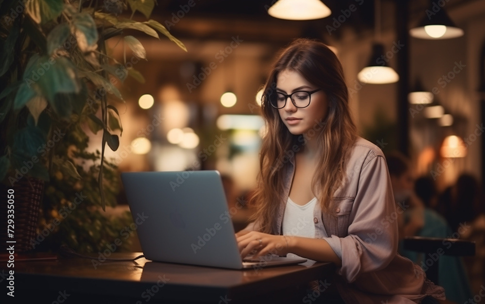 portrait of female working at the computer in the cafe. freelancer,programmer etc portrait of female working at the computer in the cafe. freelancer,programmer etc