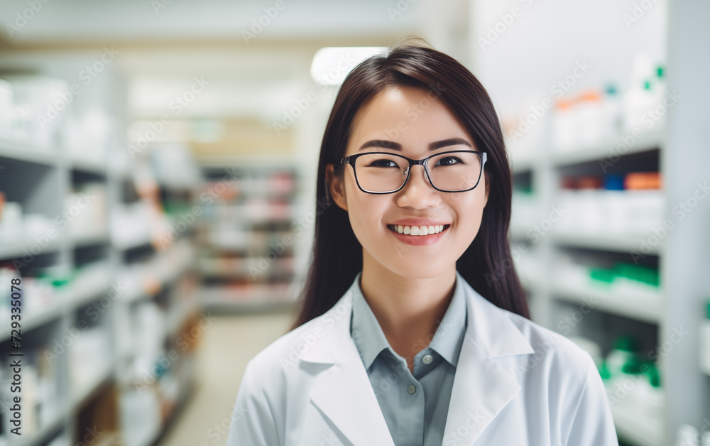Closeup portrait of asian female phramacist with pharmacy in the background, copy space banner