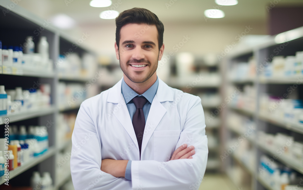 Closeup portrait of man smiling phramacist with pharmacy in the background. copy space banner Closeup portrait of man smiling phramacist with pharmacy in the background. copy space banner