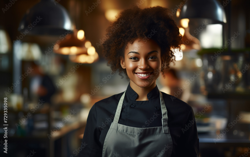 smiling beautiful african american waitress with cafe in the background.copy space banner smiling beautiful african american waitress with cafe in the background.copy space banner