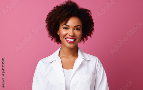 healthcare concept copy space banner. smiling african american female doctor or scientist in white coat over pink background.