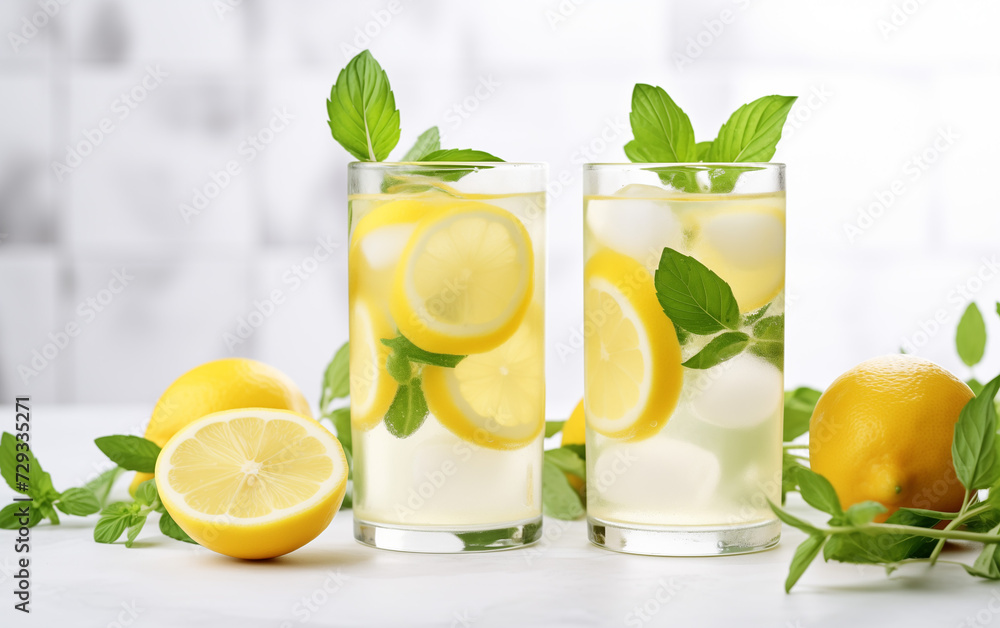 summer refreshing drinks, homemade lemonade made from lemons and mint with ice in glass on an old concrete background. selective focus. summer refreshing drinks, homemade lemonade made from lemons and mint with ice in glass on an old concrete background. selective focus.
