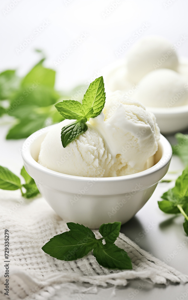 Closeup of vanilla ice cream scoops decorated with mint leaves in dark bowl. vertical banner Closeup of vanilla ice cream scoops decorated with mint leaves in dark bowl. vertical banner