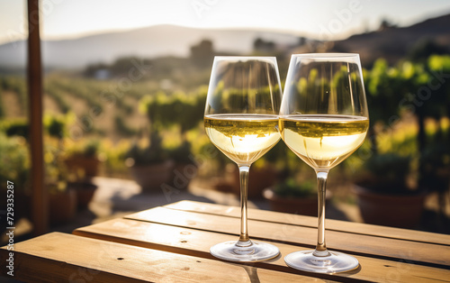 Copy space banner with Two Glass Of white Wine With sunset wine yard in the Background. Italy Tuscany Region.
