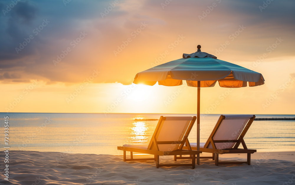 Sun loungers under umbrella on beach at beautiful sunset.summer banner with copy space