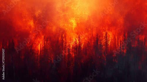 An abstract representation of a forest fire  with vibrant reds and oranges.