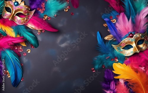 A masquerade mask and feathers on dark background,carnival concept. copy space background