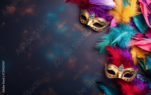 A masquerade mask and feathers on dark background,carnival concept. copy space background © piksik