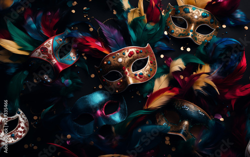 A masquerade masks and colorful feathers with confetti on dark background,carnival concept