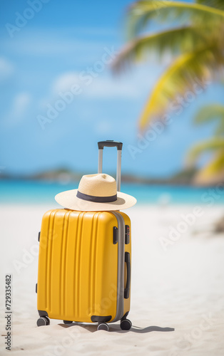 Beach Accessories and Suitcase On tropical sunny Beach - Travel Concept, copy space vertical banner