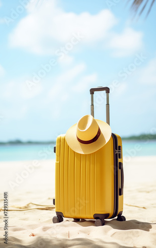 Beach Accessories and Suitcase On tropical sunny Beach - Travel Concept, copy space vertical banner