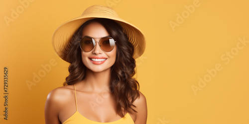 Summer studio portrait of beautiful brunette girl on yellow background with copy space