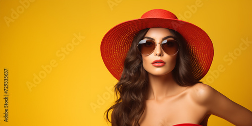 Summer studio portrait of beautiful brunette girl in red sunglasses and yellow swimsuit on red background with copy space © piksik