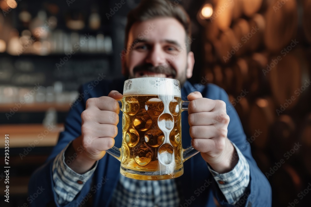 Joyful Businessperson Celebrates With A Beer Mug: Symmetrical Photo With Copy Space