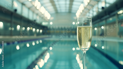 Cinematic wide angle photograph of a glass of champagne at an olympic pool venue. Product photography.