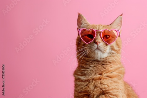 A Cat Wearing Heart Shaped Sunglasses On A Pink Background © Anastasiia