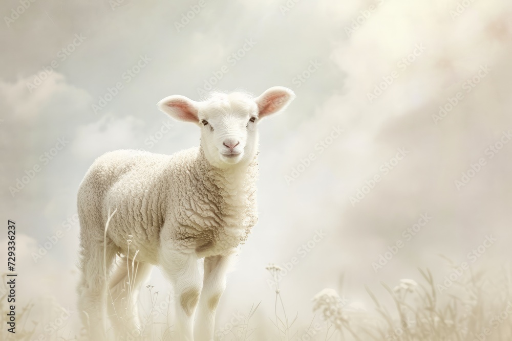 Fototapeta premium Serene And Pure Lamb Radiates Peaceful Symmetry In Perfectly Centered Photograph With Ample Copy Space