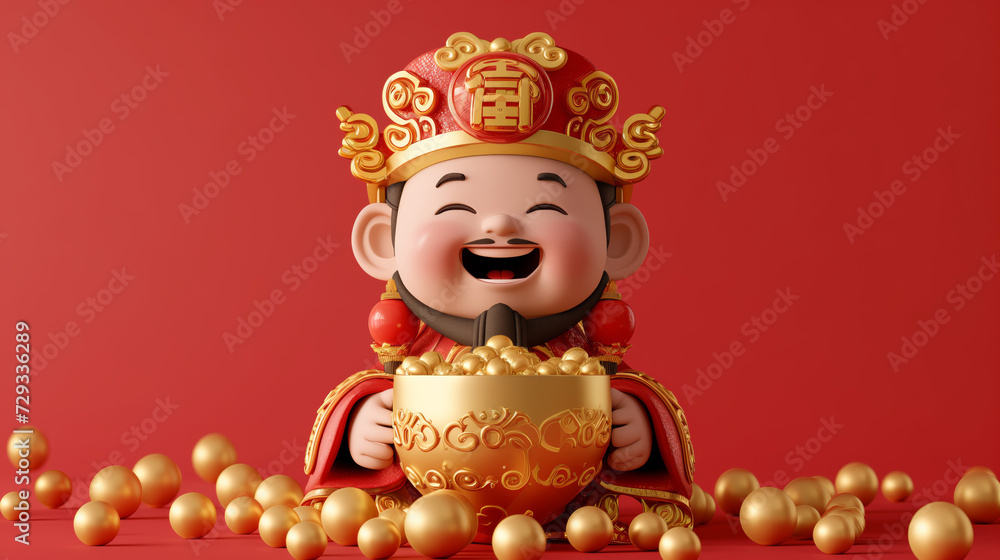 Chinese holiday, Chinese New Year happy man with beard in kimono holding gold in his hands on red background