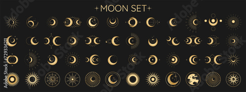 Circle pattern set with clouds, moon, sun, stars. Sun, moon phases, crystals, magic symbols. Vector collection in oriental chinese, japanese, korean style. Line hand drawn illustration EPS 10