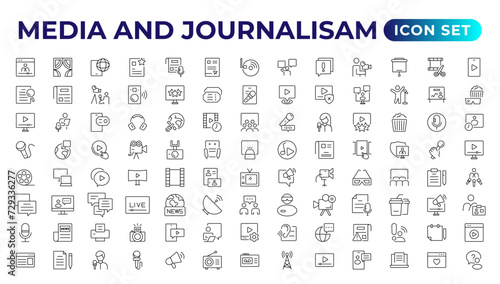Set of thin line icons news, mass media, and fake news. Outline symbol collection. related to media, photo