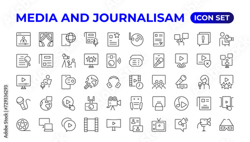 Set of thin line icons news, mass media, and fake news. Outline symbol collection. related to media, photo