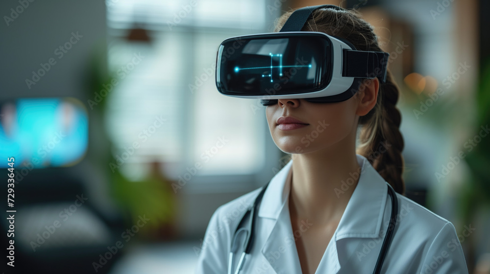 A doctor wears VR glasses and treats patients using modern technology through VR glasses.
