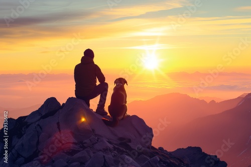Capturing The Perfectly Symmetrical Sunrise: Man And His Loyal Dog On A Mountain Peak With Centered Composition And Ample Copy Space