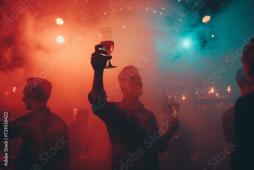 Celebratory Man In A Smoky Nightclub Raises Toast With Friends In Perfectly Symmetrical Photo With Centered Composition