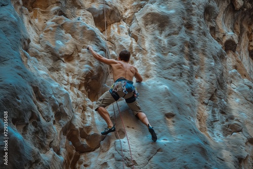 Man Is Rock Climbing, Representing Adventurous And Strengthbuilding Activities