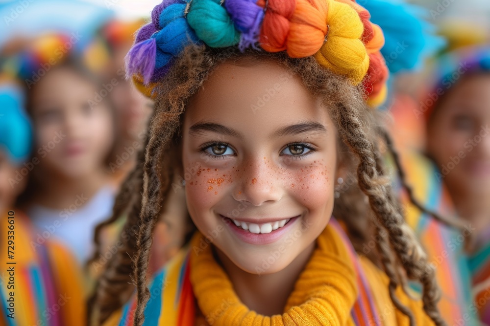 An excited and lively girl in a colorful costume, participating in a cheerful cultural celebration outdoors. An excited and lively girl in a colorful costume, participating in a cheerful cultural celebration outdoors.