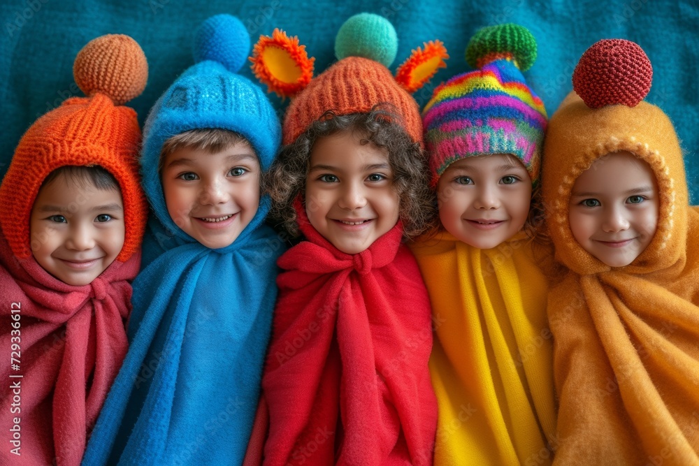 A group of happy children wrapped in soft towels, wearing hats, showcasing friendship and fun. A group of happy children wrapped in soft towels, wearing hats, showcasing friendship and fun.