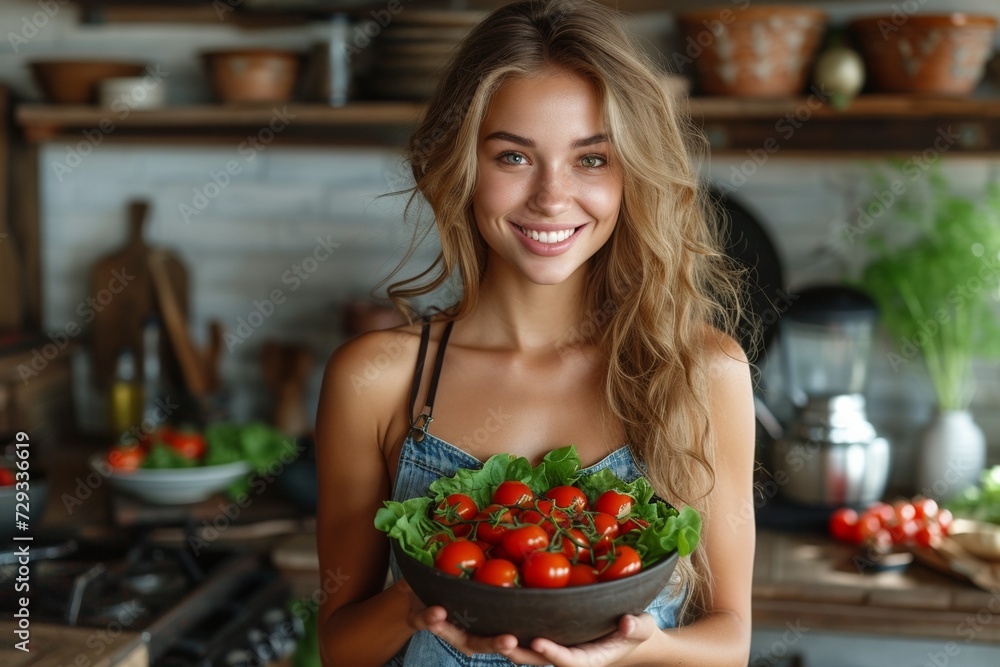 An attractive, smiling wife prepares a healthy salad in her home kitchen, promoting a happy and wholesome lifestyle.