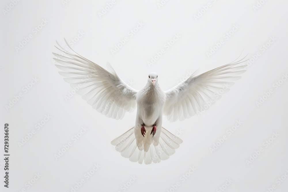 Graceful Flight Of A Peaceful White Dove: Symmetrical Photo With A Pristine White Background, Perfectly Centered With Ample Copy Space Graceful Flight Of A Peaceful White Dove: Symmetrical Photo With A Pristine White Background, Perfectly Centered With Ample Copy Space