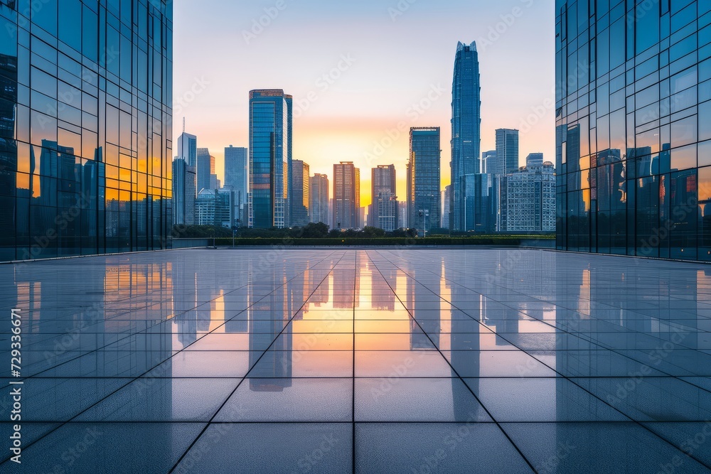 Panoramic View Of Modern City Skyline At Sunset Panoramic View Of Modern City Skyline At Sunset